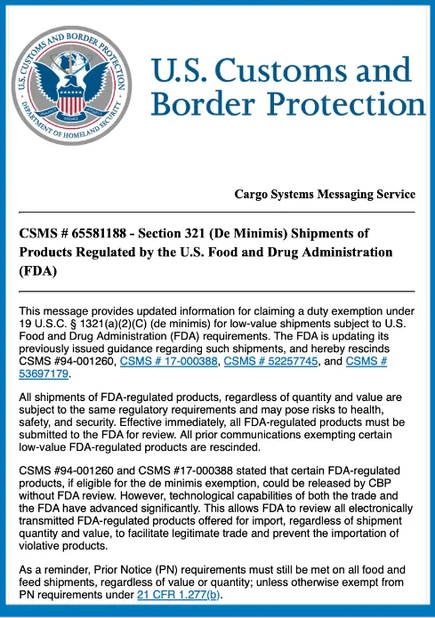 FDA message regarding section 321