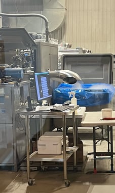 Dry ice pelletizing machine at Jet Worldwide, used to pack frozen samples for international shipment