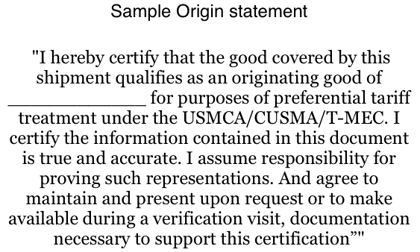 sample origin statement CUSMCA TMEC