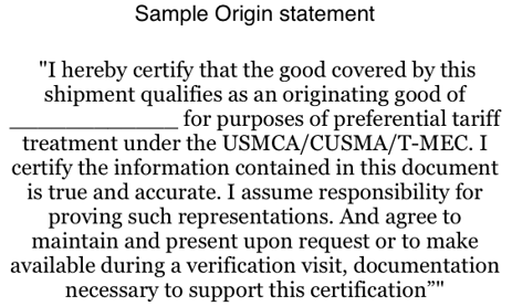sample origin statement CUSMCA TMEC