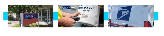 a picture of canada post, a scan of a package and to USPS van