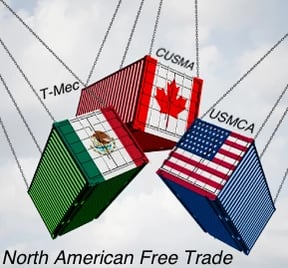 containers being held in the air by wires with the Mexican, Canadian and American flags