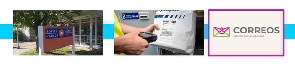 Pictures showing Canada post sign, picture of a package being scanned and Mexican post logo