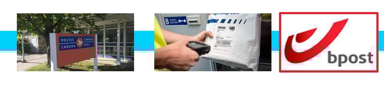 Three images in a row showing Canada post sign, a package being scanned and Belgium post logo. 