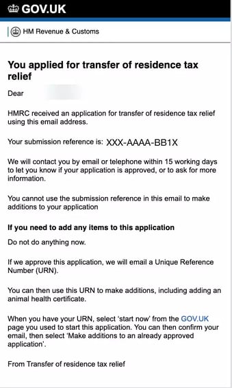 A sample letter from UK customs with the UK-URN-NUMBER-EMAIL-RESPONSE