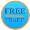 a round graphic with in light blue with the words free trade in dark blue